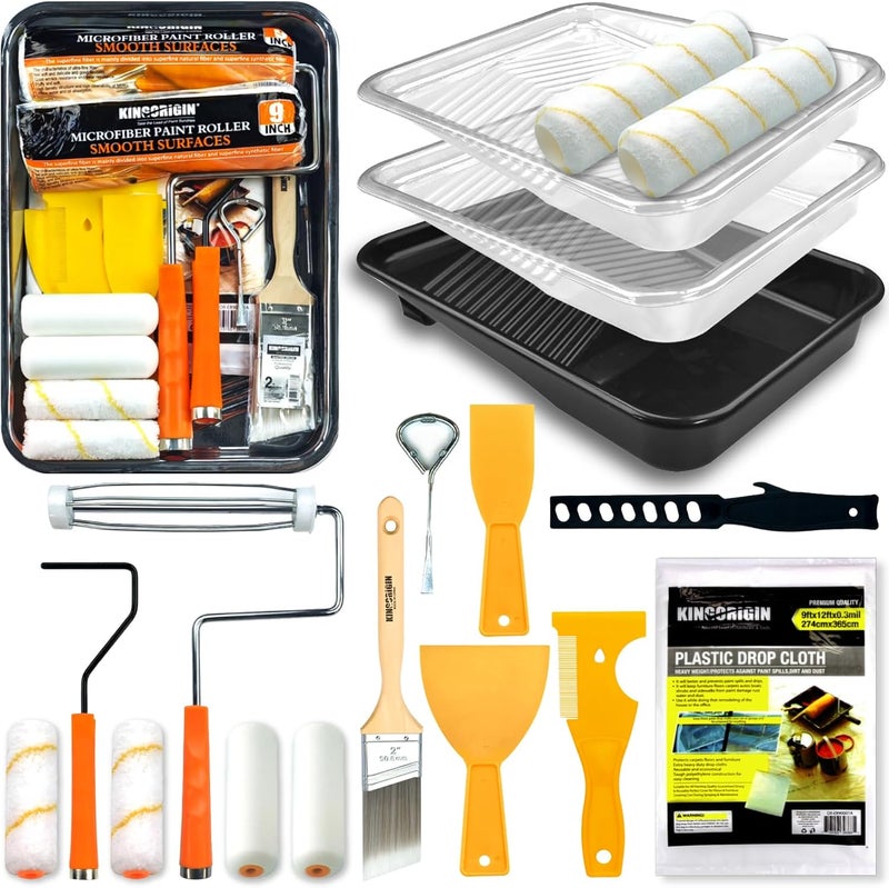 KingOrigin King Origin 18 Pcs Paint Roller Kit - 9" & 4" Paint Roller Covers, Paint Tray with Liners, Brush, Scrapers & Tools | All-in-One Painting Supplies for Walls, Ceilings, DIY Home | Paint Kit for House - Image 1
